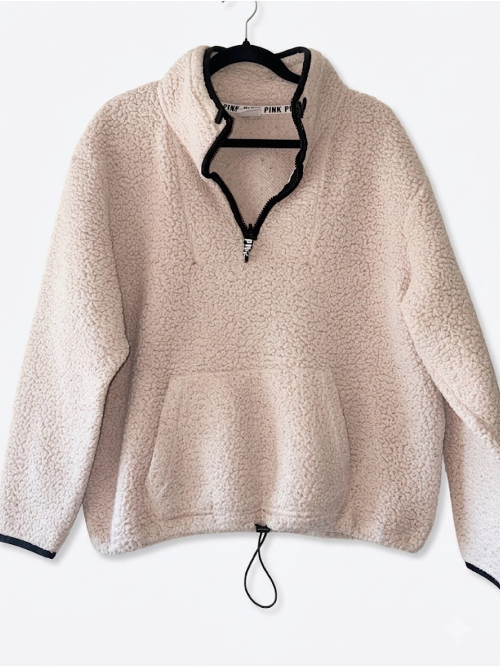 PINK Victoria's Secret Plush Sherpa Pullover in Light Beige with Black Trim Sz L